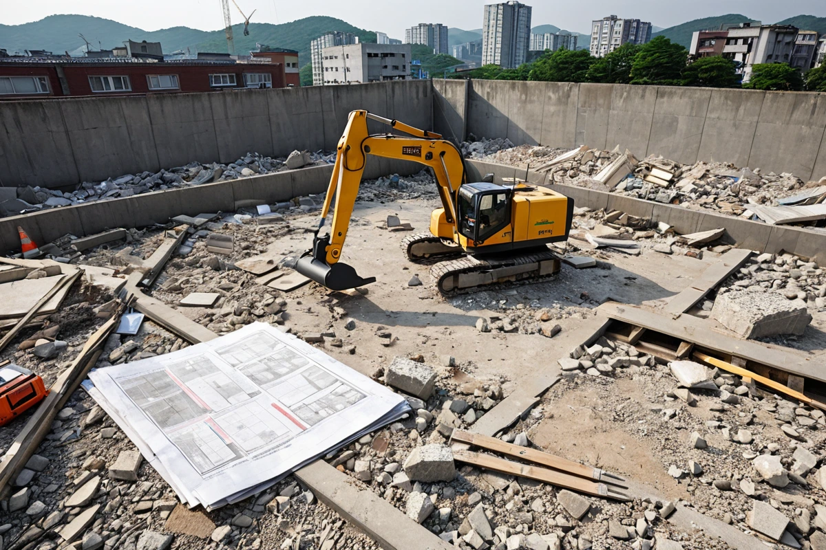 봉천동 주택 철거 비용, 3단계 점검으로 정확한 산정 방법, 전문가와의 협업이 철거 비용에 미치는 영향 관련 실제 현장을 담은 사실적인 사진, 사람(인물)이 전혀 등장하지 않게 합