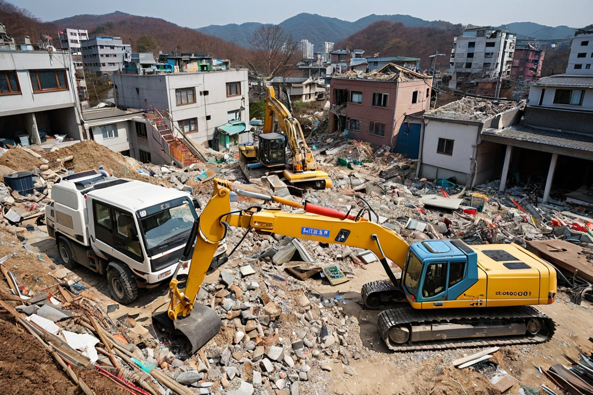 봉천동 주택 철거 비용, 3단계 점검으로 정확한 산정 방법, 철거 비용을 최소화하는 방법 관련 실제 현장을 담은 사실적인 사진, 사람(인물)이 전혀 등장하지 않게 합니다. 손·팔·