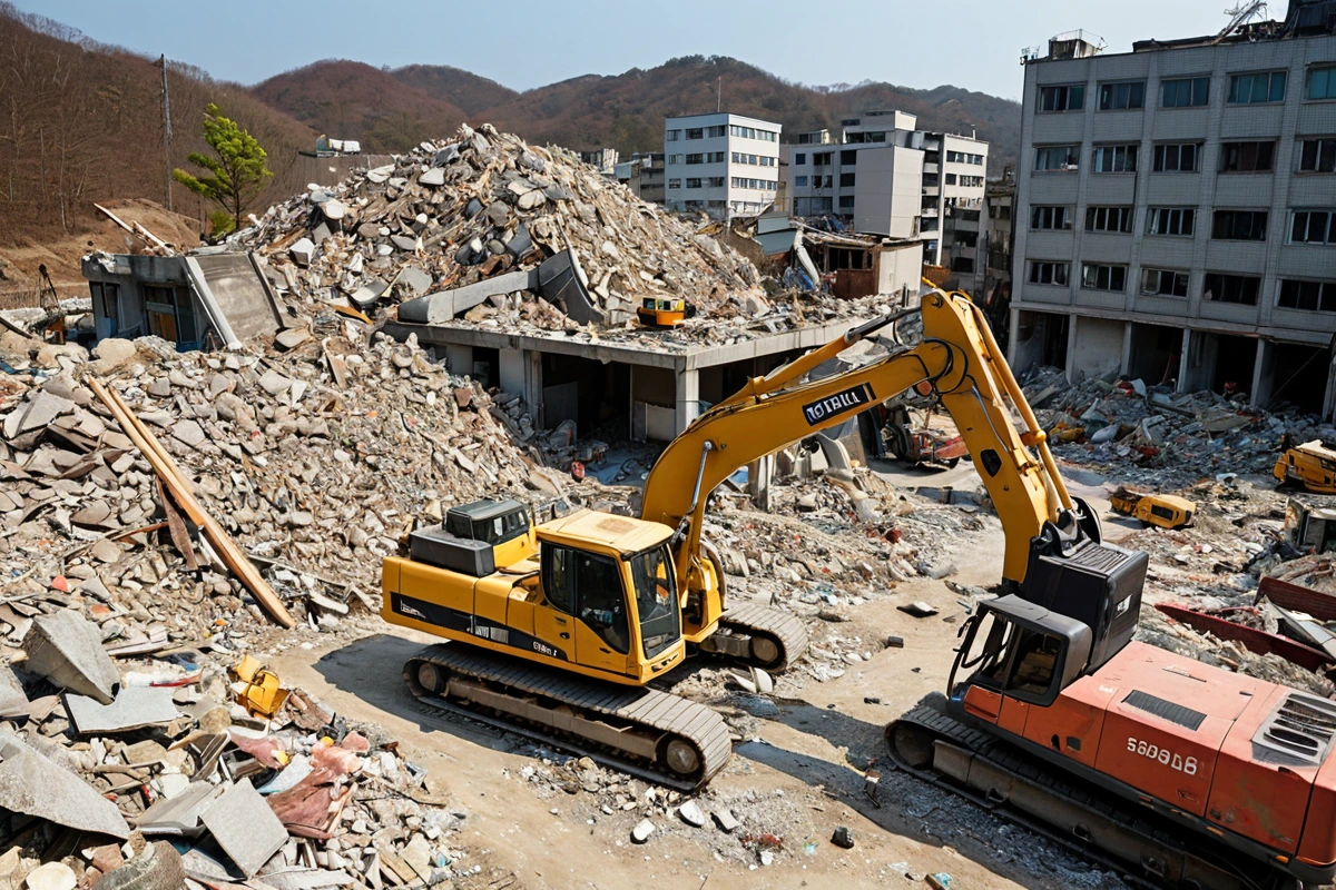 봉천동 주택 철거 비용, 3단계 점검으로 합리적 계산하기, 철거 시 주의사항 관련 실제 현장을 담은 사실적인 사진, 사람(인물)이 전혀 등장하지 않게 합니다. 손·팔·뒷모습 등 신