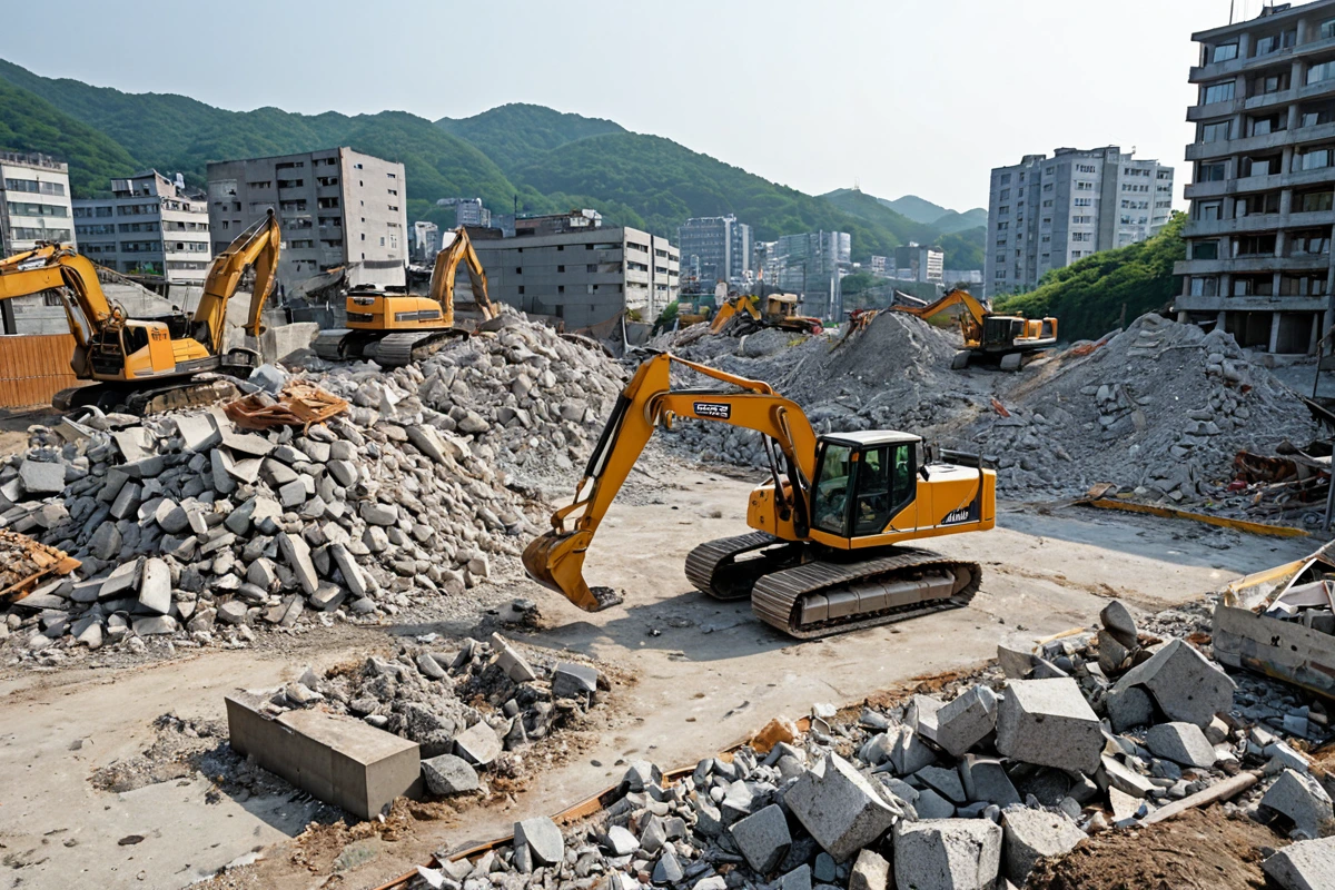 봉천동 주택 철거 비용 비교를 위한 구체적인 비용 항목 표시가 있는 현장. 철거 범위, 구조적 안정성, 철거물 처리 방식을 고려한 실제 철거 현장의 모습. 철거된 재료가 정리된 공