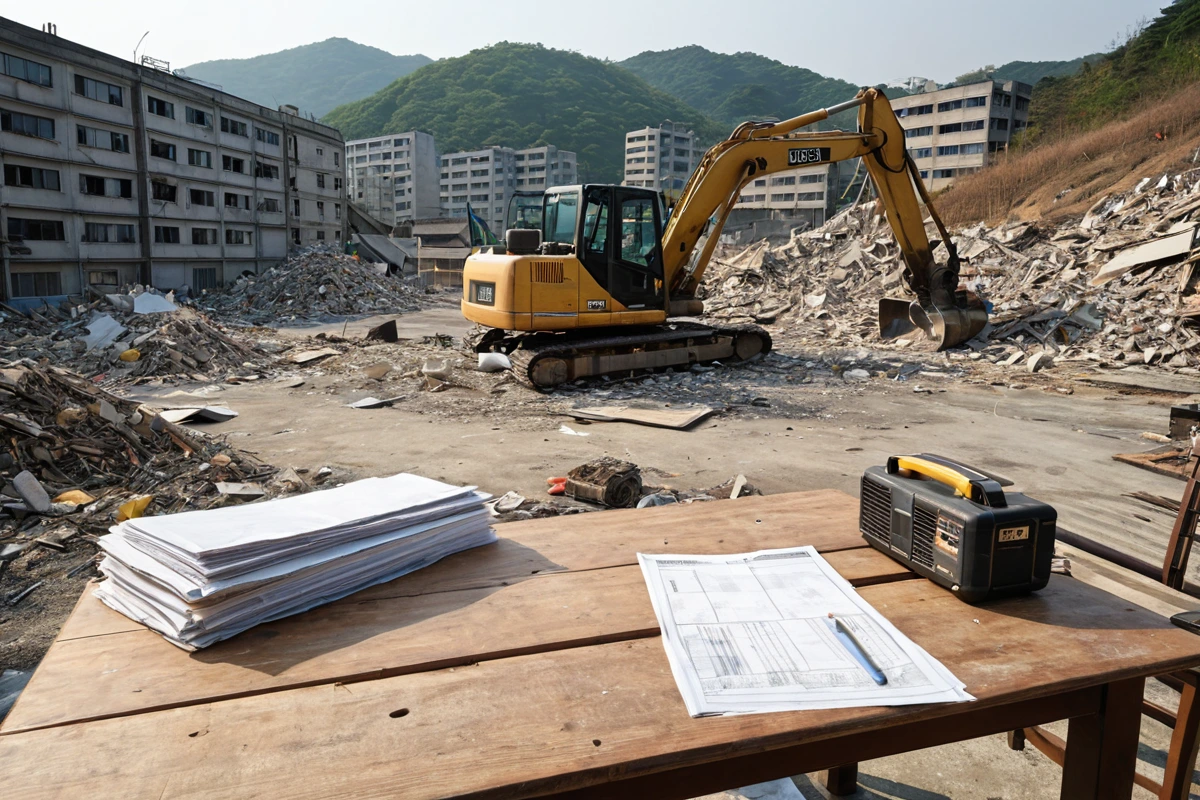 봉천동 주택 철거 비용 산정 시 투명성을 보여주는 간결한 문서와 철거 현장의 대비된 모습. 철거 장비가 정리된 상태로 배경에 위치하고, 비용 산정 관련 문서가 테이블 위에 깔끔하게