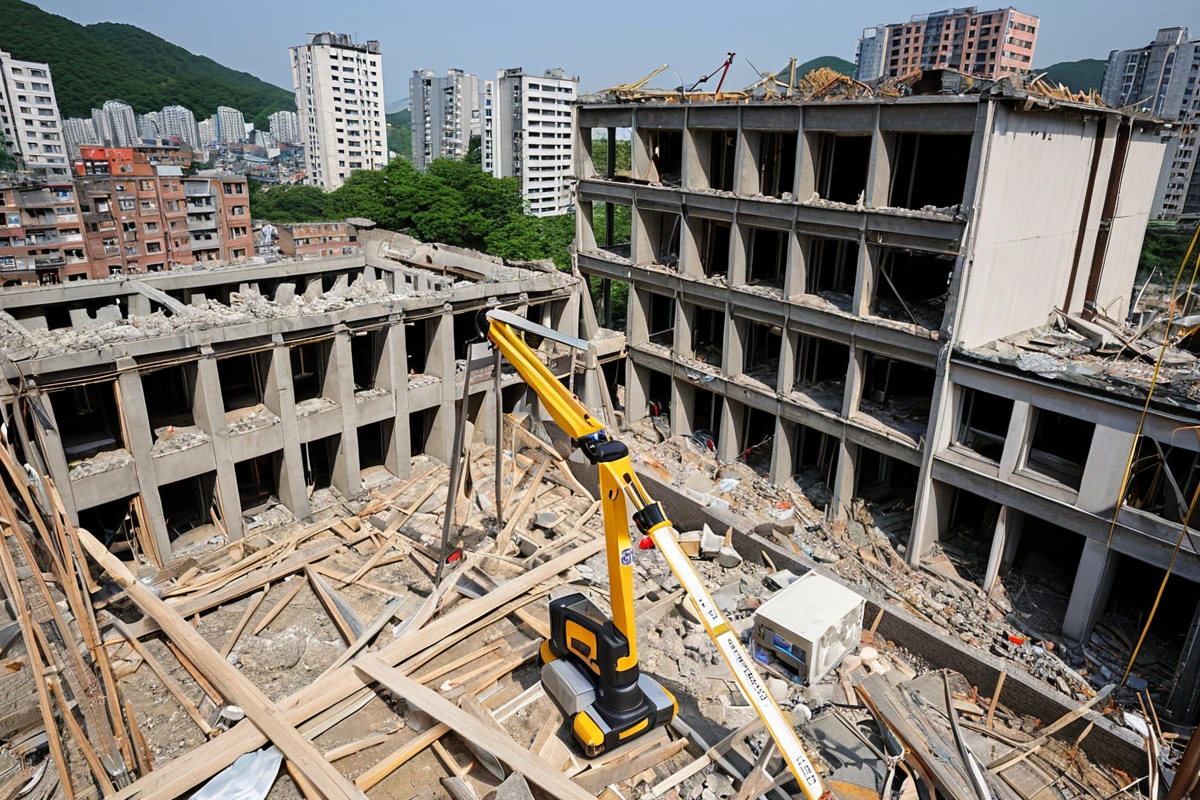 봉천동 주택 철거 비용 절감을 위한 정확한 비용 산정을 위한 현장 점검 장면. 철거 현장에서 철거 업체가 현장의 구조와 주변 환경을 정확히 측정하는 도구를 사용하고 있습니다.