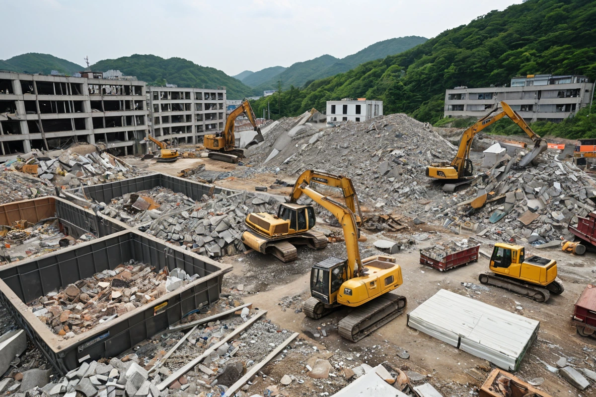 봉천동 주택 철거 시 발생하는 건축폐기물 처리 현장, 깔끔하게 분리된 폐기물이 쌓인 쓰레기통과 철거 작업 후 남은 구조물의 단면