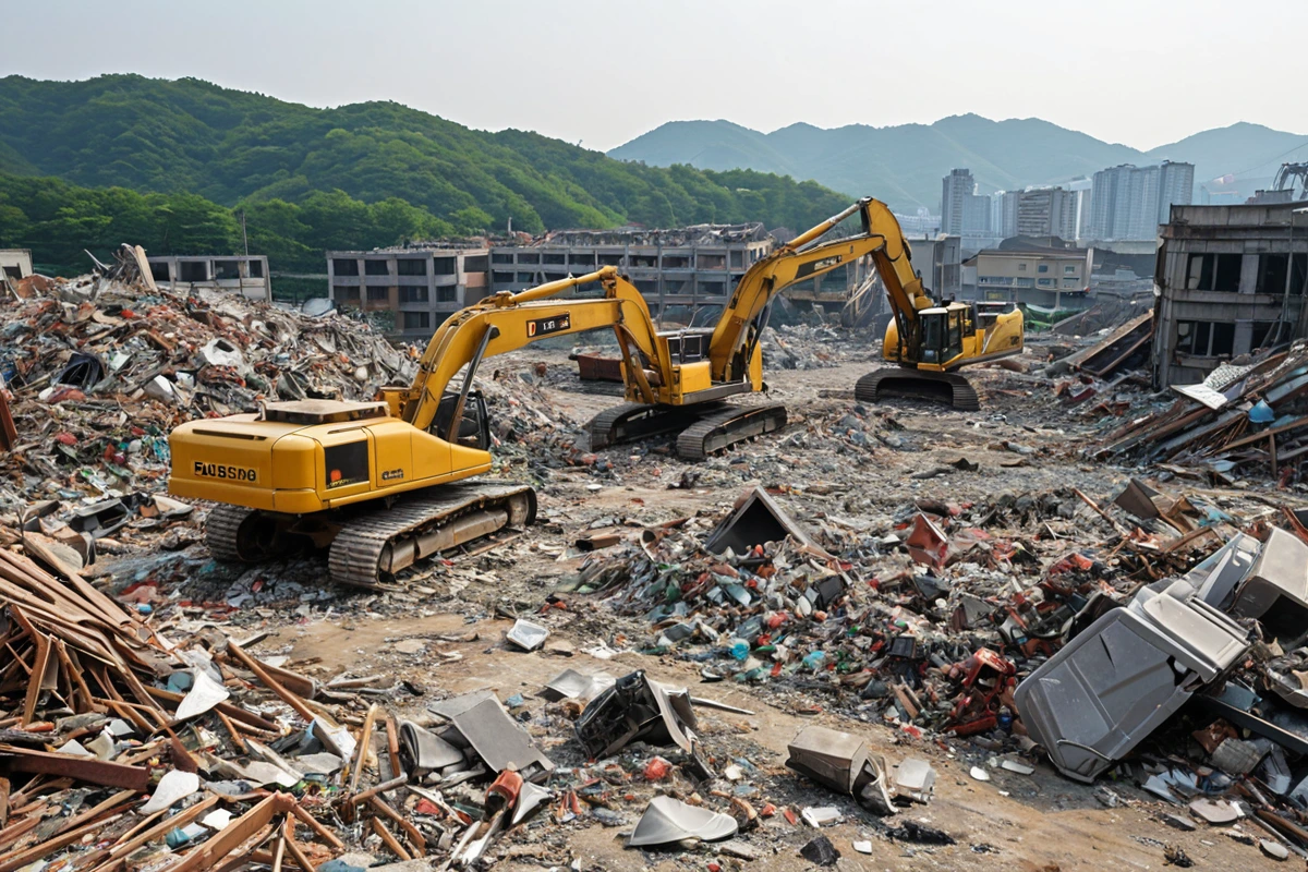 봉천동 주택 철거 시 분리된 건축 자재와 폐기물이 정리된 현장, 재활용 가능한 금속과 목재가 분리되어 배치된 모습, 철거 작업 중인 장비가 배경에 자연스럽게 포착된 장면
