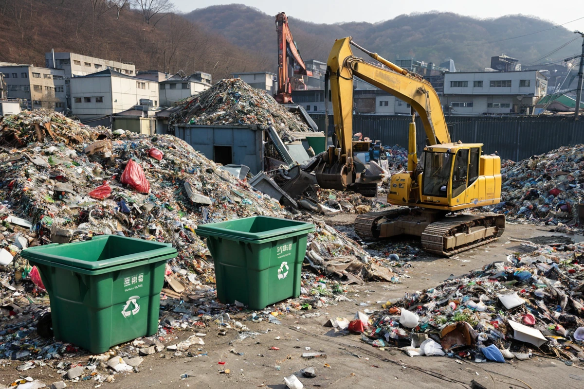 봉천동 주택 철거 시 재활용 가능한 잔해를 분류하는 장면. 철거로 인한 잔해가 분류된 쓰레기통과 재활용 장비가 배경에 보인다.