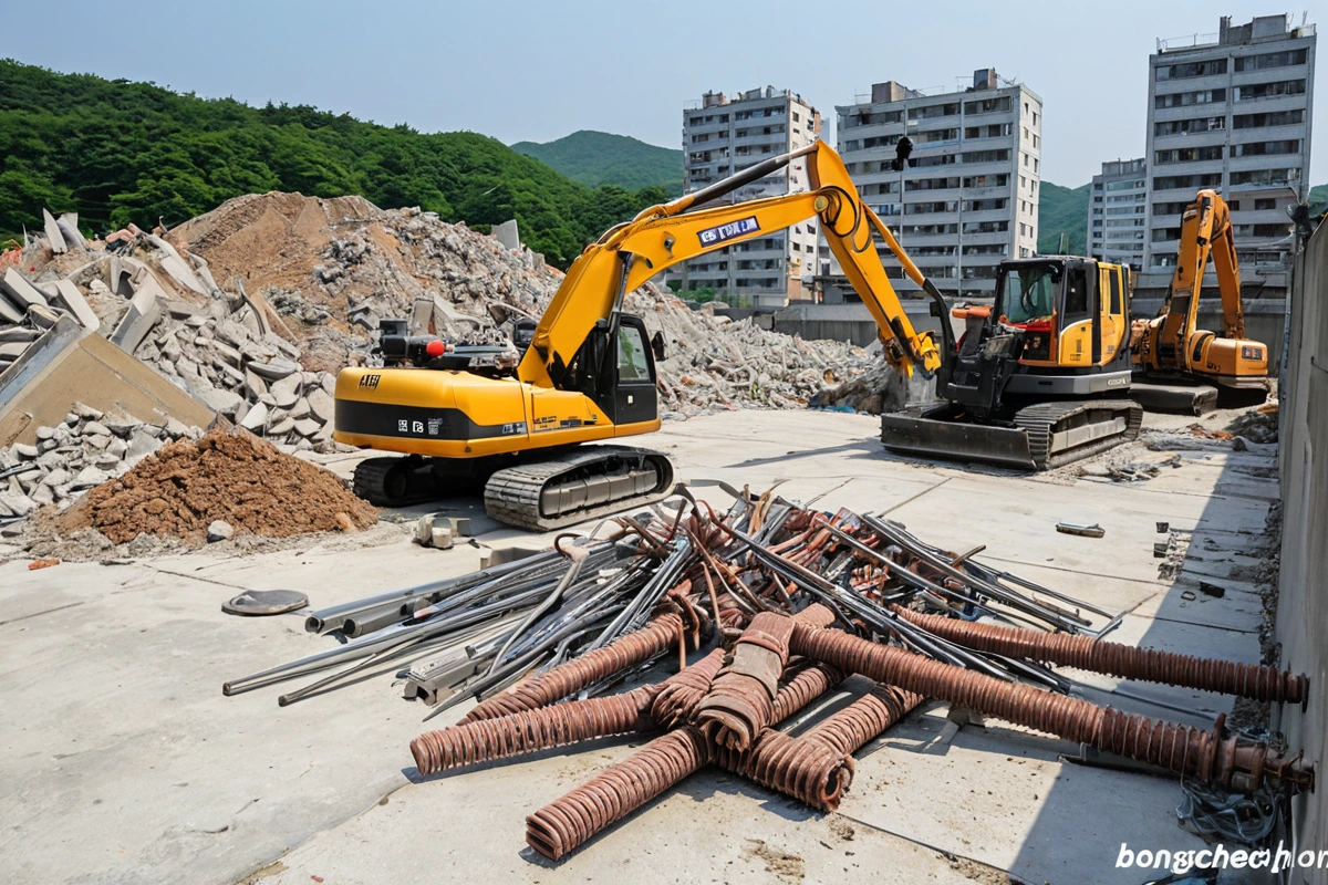 봉천동 주택 철거 작업을 위한 전문 장비가 준비된 현장. 철거 업체의 경험과 전문성을 보여주는 정돈된 장비와 재료 분석 도구가 배경에 펼쳐진 사실적인 장면.