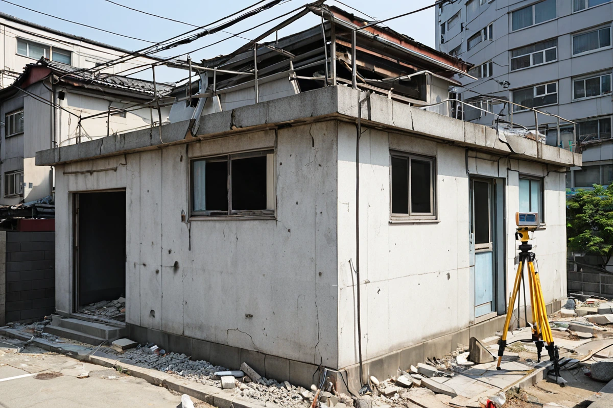 봉천동 주택 철거 작업 전 구조 진단을 위한 전문 장비가 설치된 건물 외부, 건물의 구조적 손상 부위를 정확히 파악할 수 있는 현대식 측정 도구와 함께