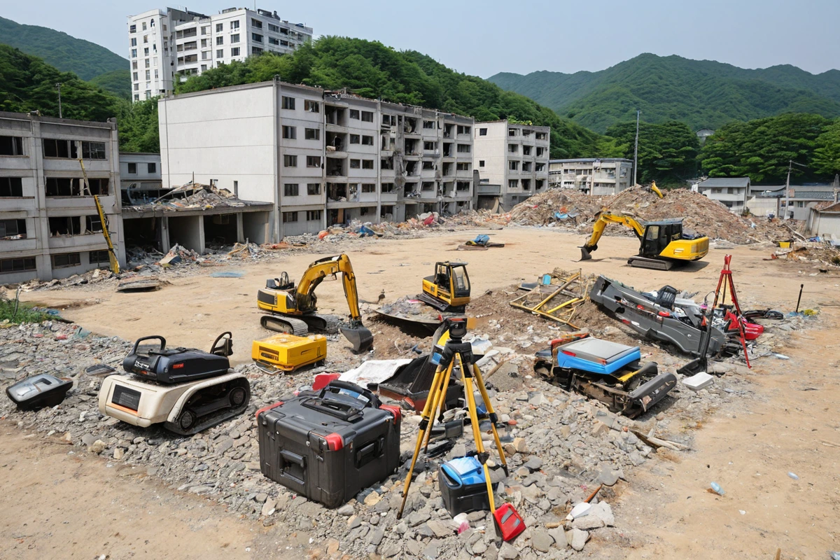 봉천동 주택 철거 작업 전 안전 점검 현장, 구조물의 안정성을 확인하기 위해 철거 장비가 준비된 공간. 안전 점검을 위한 측정 도구와 장비가 정리된 모습으로 현실적인 철거 작업의