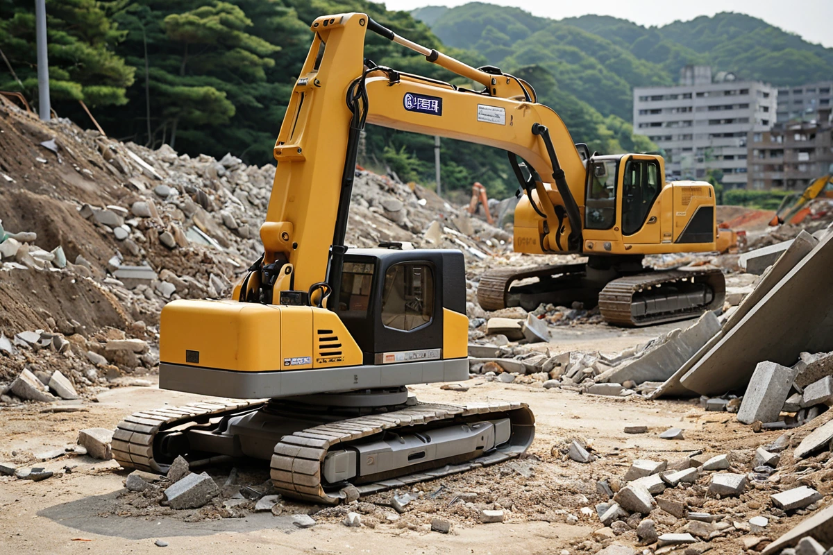 봉천동 주택 철거 전 구조물 상태 점검을 위한 정확한 측정 도구와 철거 장비가 준비된 현장, 철거 방법 최적화를 위한 효율적인 장비 배치가 보이는 사실적인 장면