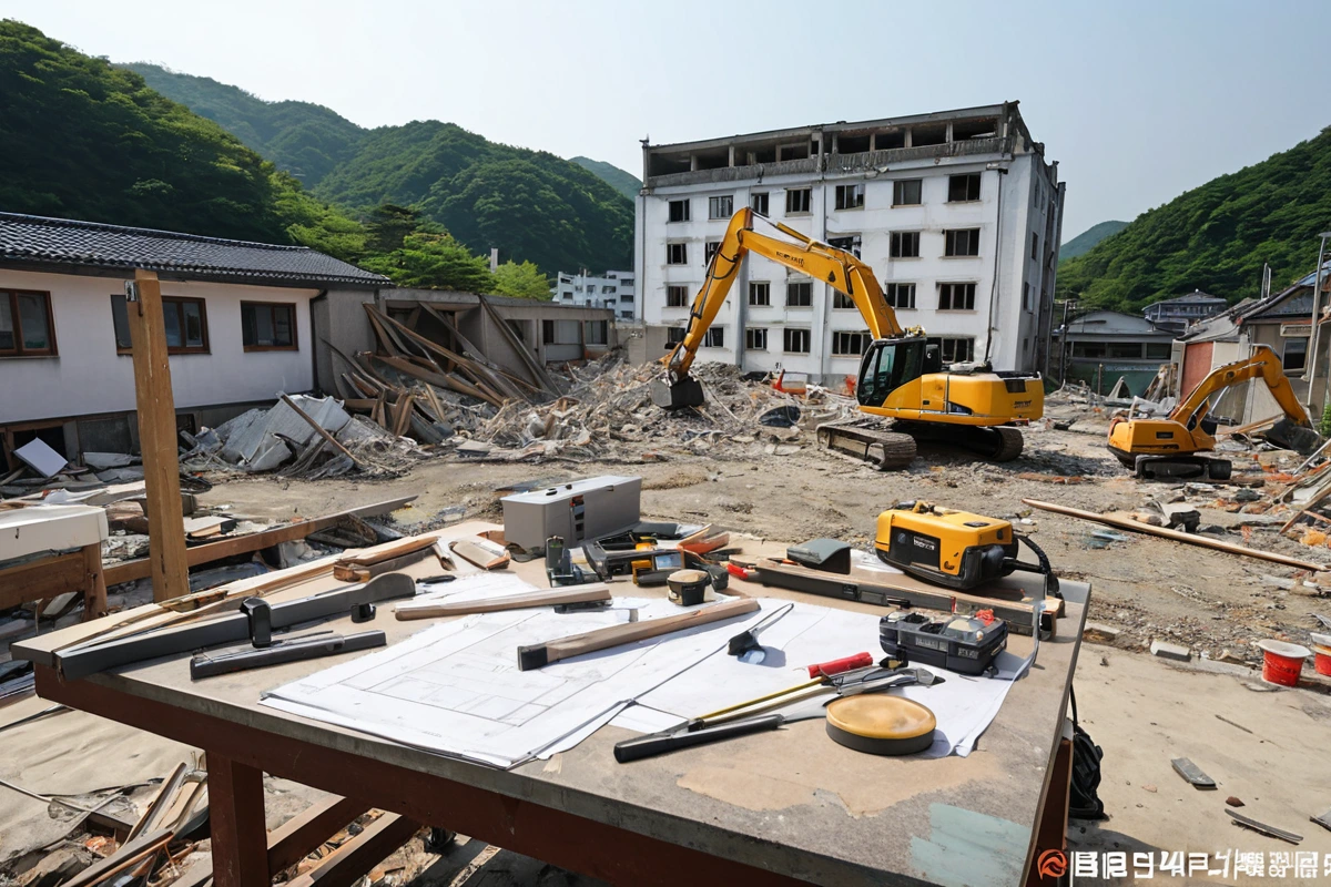 봉천동 주택 철거 전 구조 분석을 위한 상세한 안전 점검 현장, 구조물의 내부와 외부를 측정하는 도구가 놓인 철거 업체의 작업 공간, 철거 계획서와 구조 분석 도구가 정리된 테이블