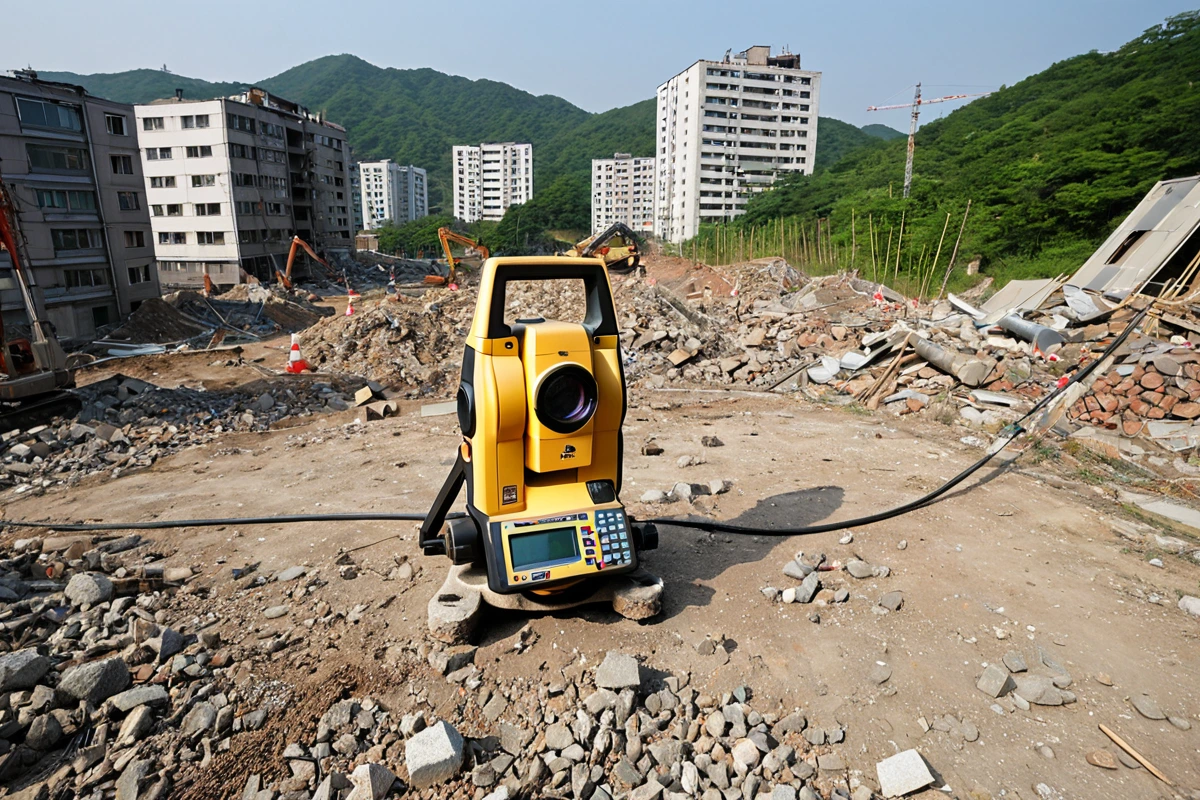 봉천동 주택 철거 전 구조적 안정성 점검을 위한 레이저 측정기와 지반 상태를 확인하는 장비가 배치된 현장, 주변 건물과의 거리 측정이 정확하게 이루어진 모습