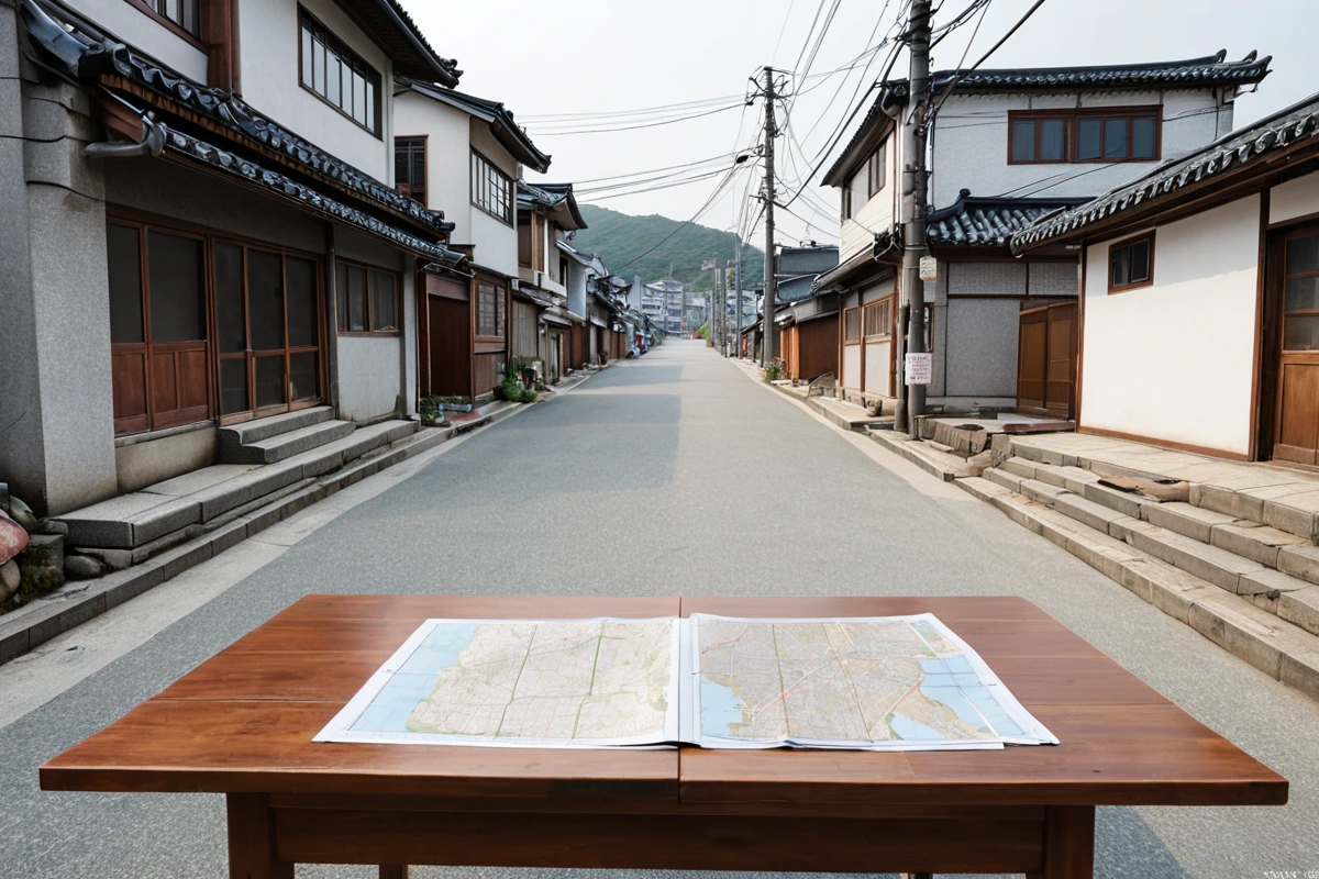 봉천동 주택 철거 전, 주변 건물과의 거리가 명확히 보이는 철거 예정 주택의 외관. 철거 계획서가 놓인 테이블 위에 봉천동 지역 지도가 보인다.