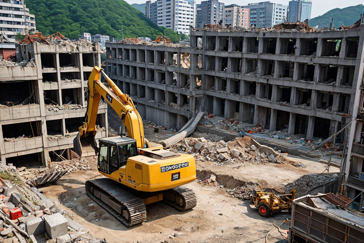 봉천동 주택 철거 전 현장에서 구조물 상태를 점검하는 모습, 철거 기계와 주변 건물의 구조가 잘 보이는 실외 공간