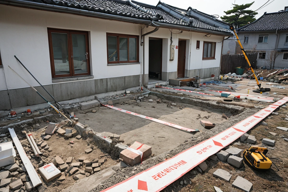 봉천동 주택 철거 전 현장에서 철거 범위를 정하는 과정. 건물 외부에 철거 범위를 표시한 테이프가 놓여 있고, 점검 도구가 놓인 자연스러운 철거 준비 현장.