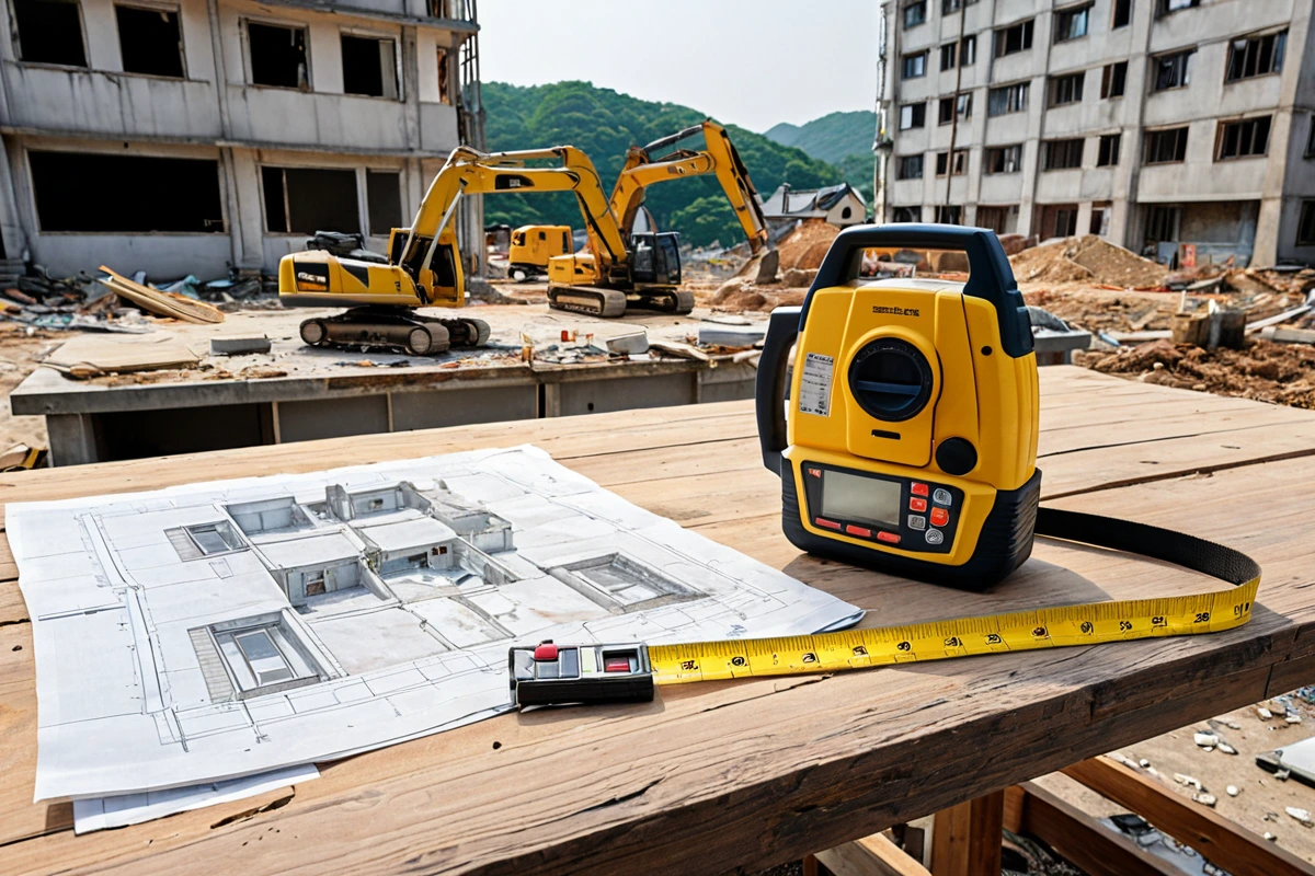 봉천동 주택 철거 전 현장 점검을 위한 철저한 조사 장면. 전문가가 현장에서 측정 도구로 건축 구조를 분석하고, 철거 방식과 주변 환경을 고려한 정확한 비용 산정을 위한 문서가 테