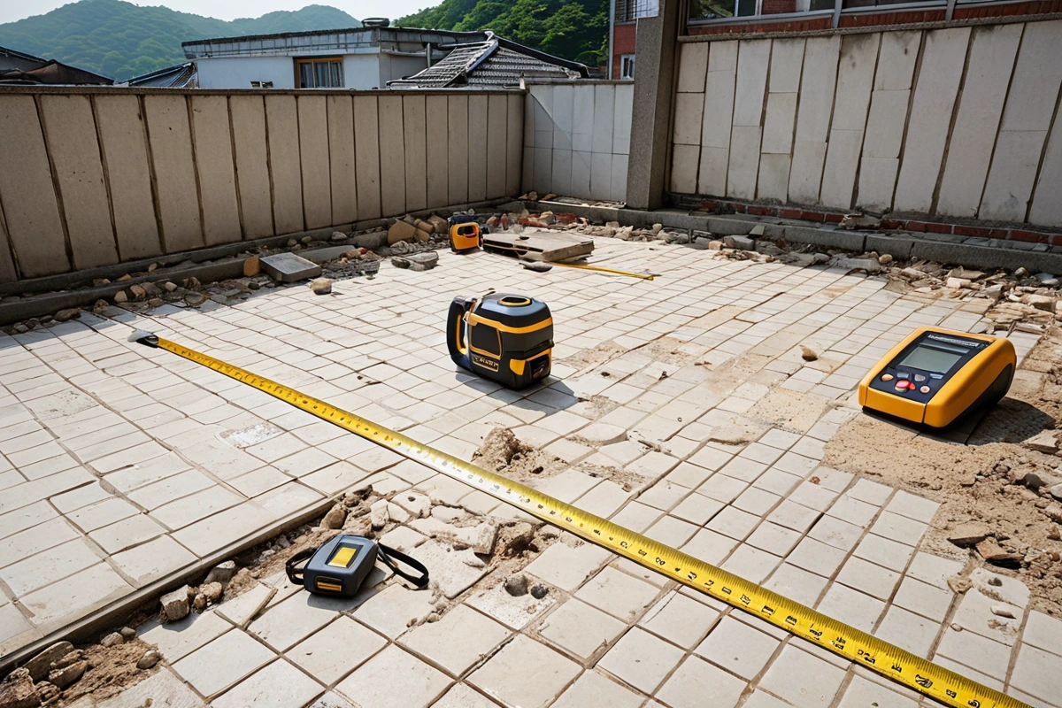 봉천동 주택 철거 전 현장 점검 중, 철거 계획서와 함께 타일 철거 구역을 확인하는 현장. 정확한 측정 도구와 철거 전략을 수립하는 과정을 보여주는 사실적인 장면.