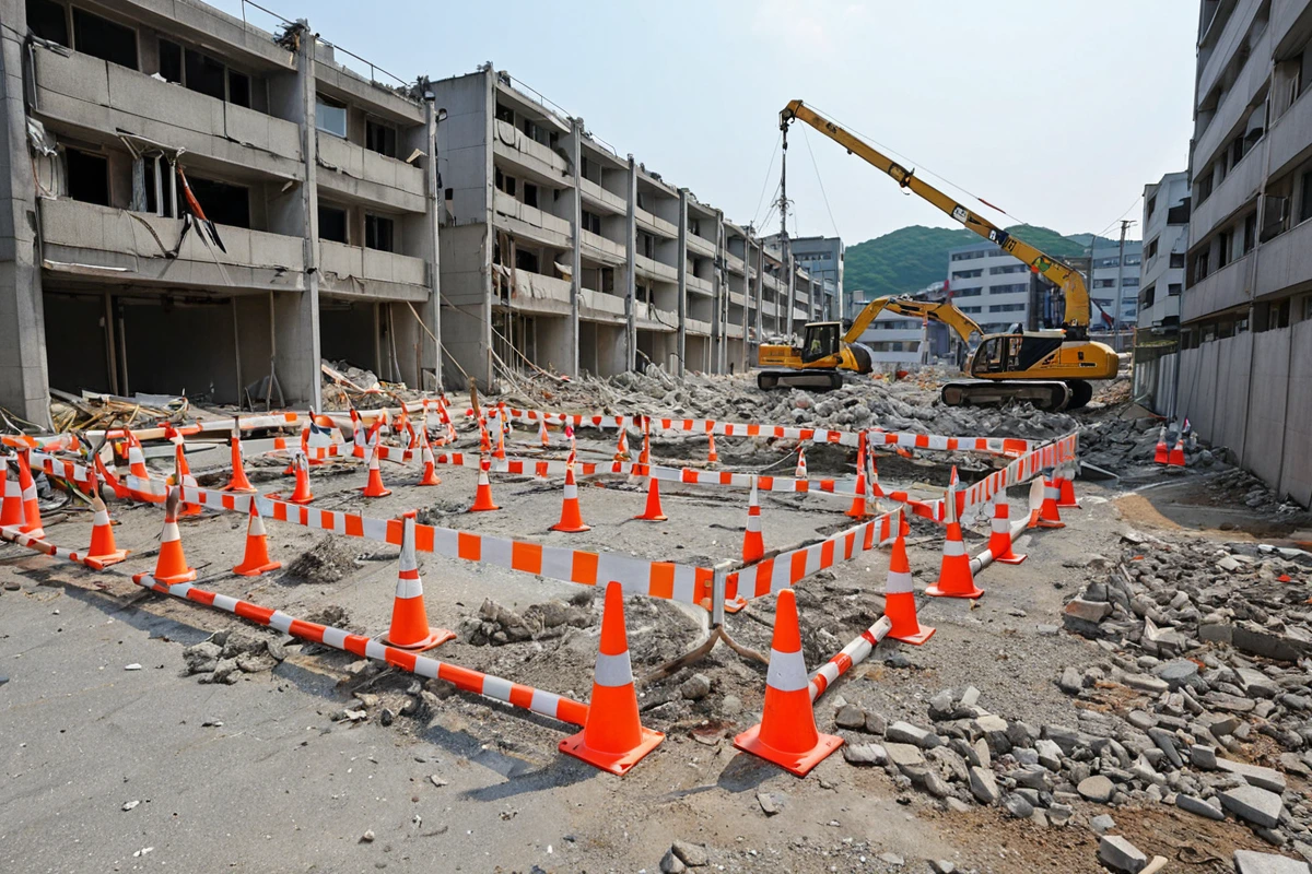 봉천동 주택 철거 현장, 구조물이 붕괴되지 않도록 안전 울타리로 둘러싸인 건물 외벽과 철거 작업을 위한 안전 장비가 정리된 채로 놓여진 장면
