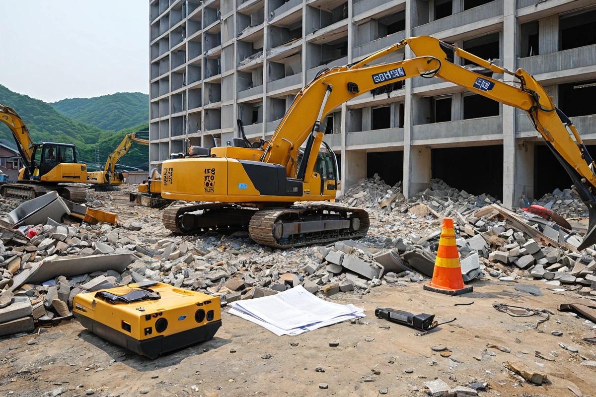 봉천동 주택 철거 현장에서 3단계 점검을 위한 철거 장비와 문서가 정리된 모습. 철거 전 현장 점검을 위한 도구와 장비가 철저히 정리되어 있는 현실적인 철거 준비 장면.