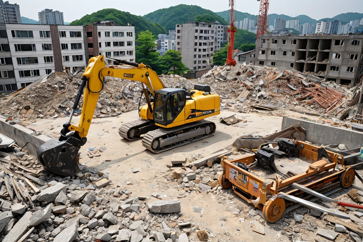 봉천동 주택 철거 현장에서 3단계 점검을 진행하는 전문 장비와 도구가 정리된 장면. 철거 업체의 철저한 점검 과정을 보여주는 사진으로, 구조물과 철거 도구가 자연스럽게 배치된 모습