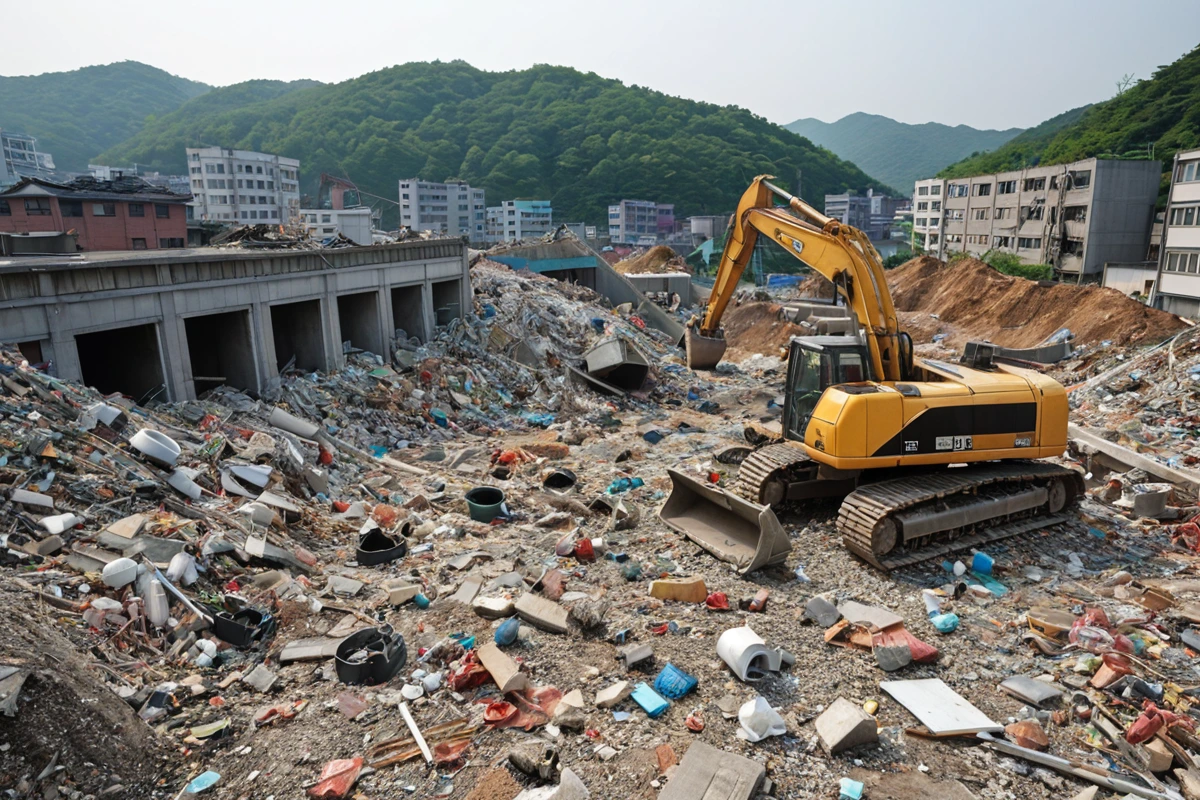 봉천동 주택 철거 현장에서 건축자재와 전기 시설이 분리되어 폐기물 처리 장소에 정리된 모습, 철거된 마감재와 건축 자재가 깔끔하게 분류된 폐기물 처리 구역