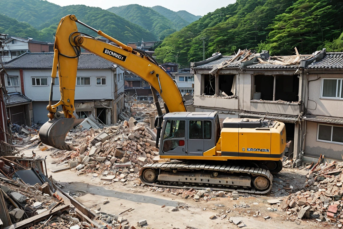 봉천동 주택 철거 현장에서 구조물의 안정성을 확인하는 작업 중인 장면, 철거 장비와 구조물의 안정적인 지지대가 보이는 실제적인 철거 현장의 모습을 자연스럽게 담은 사진