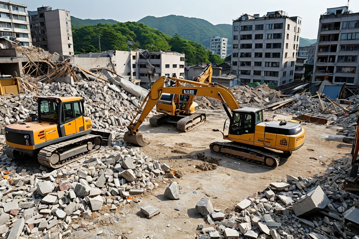 봉천동 주택 철거 현장에서 구조 분석 결과를 바탕으로 불필요한 작업을 최소화한 철거 작업 중인 모습. 철거 과정에서 남은 건물 잔해가 정리된 공간. 구조적 안정성을 고려한 철거 방