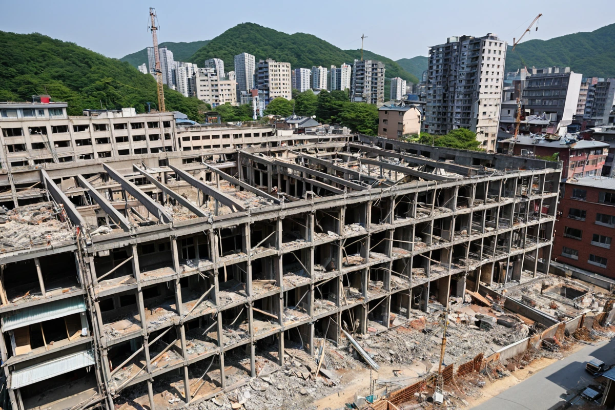 봉천동 주택 철거 현장에서 구조적 결함이 확인된 건축물의 일부가 보강 작업 중인 모습. 철거 전에 진행되는 정밀 점검 과정을 보여주는 사실적인 현장 사진.