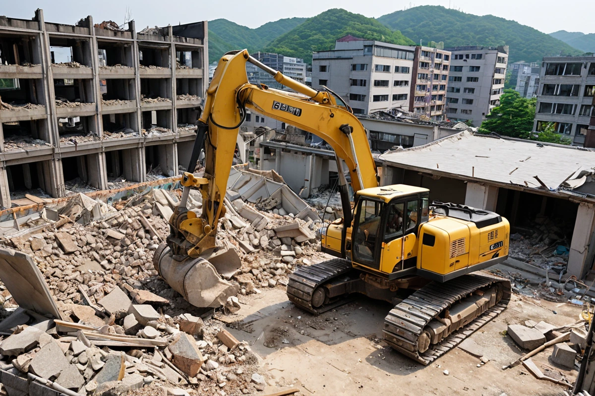 봉천동 주택 철거 현장에서 구조적 문제를 확인하는 철거 장비와 함께 정리된 작업 현장. 구조 보강이 필요한 부분이 명확히 드러나는 철거 후 공간의 세부 구조.