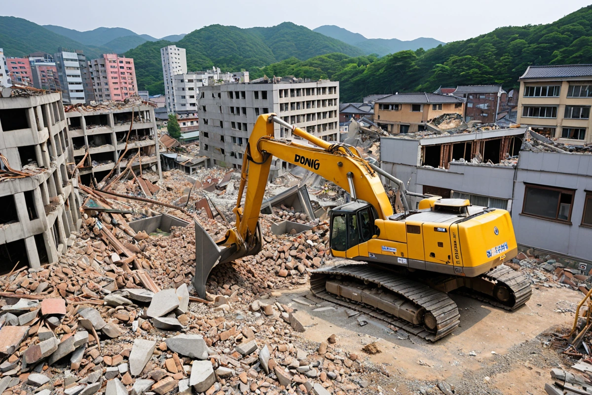 봉천동 주택 철거 현장에서 구조적 안전성을 고려한 철거 방법 선택이 이루어지는 모습, 철거 장비가 주변 구조물에 손상을 주지 않도록 주의 깊게 배치된 상태