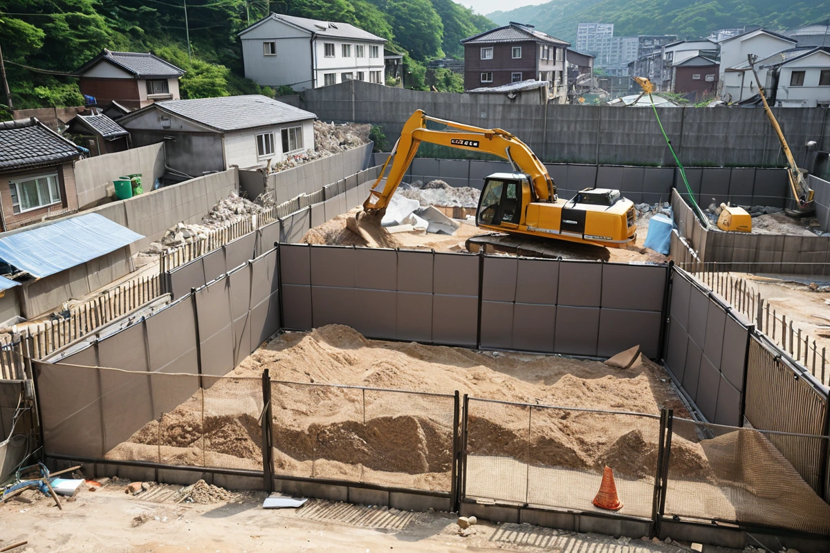봉천동 주택 철거 현장에서 먼지와 소음을 방지하기 위한 철저한 관리 시스템. 철거 중인 건물 주변에 먼지 차단용 방진망과 소음 차단 울타리가 설치된 현실적인 장면. 환경 규제 준수