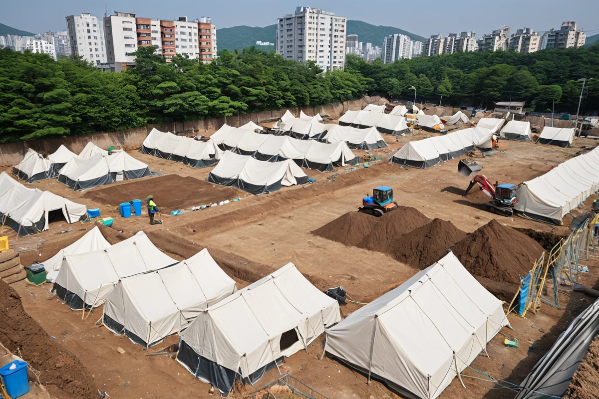 봉천동 주택 철거 현장에서 먼지 차단용 천막이 설치된 모습, 철거 중인 건물 주변에 환경 보호를 위한 흙막이와 청소 장비가 정리된 모습