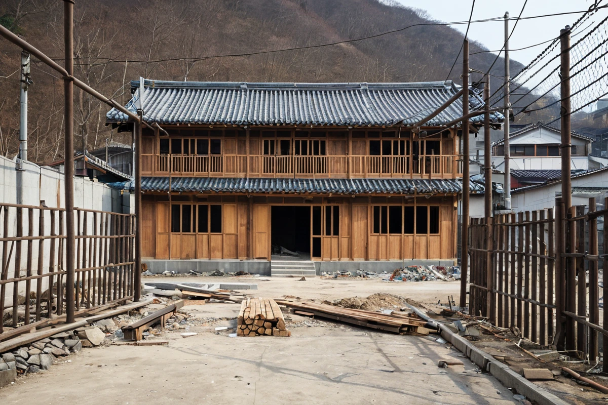 봉천동 주택 철거 현장에서 목조 주택과 철골 구조물의 구조적 차이를 보여주는 사진. 목조 주택은 나무 벽과 낮은 지붕, 철골 구조물은 강철 기둥과 높은 철망 울타리가 보인다.