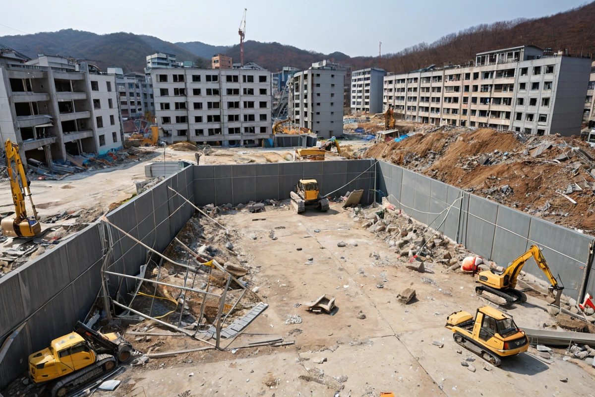봉천동 주택 철거 현장에서 사전 안전 점검을 위한 장비가 철저히 준비된 모습. 주변 시설물 보호를 위한 방벽과 안전 표지가 설치된 철거 현장의 정면 각도.