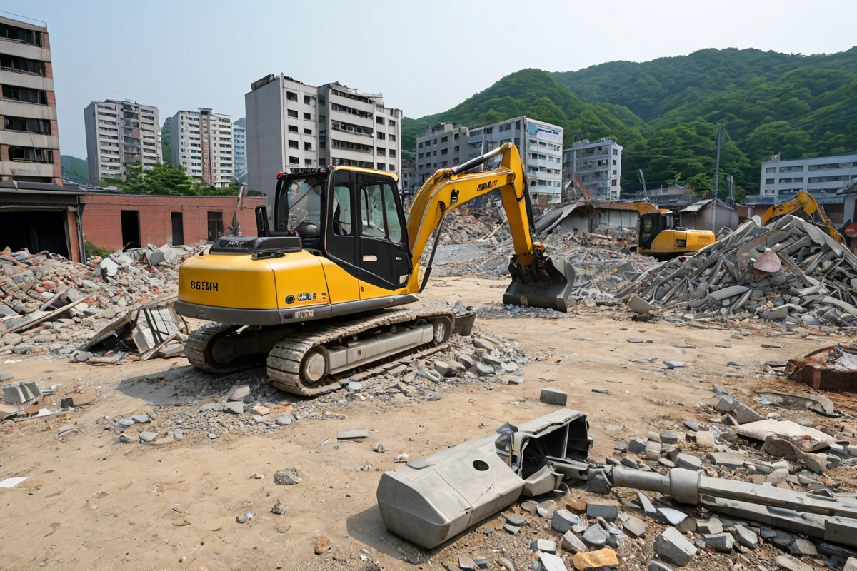 봉천동 주택 철거 현장에서 안전 관리 장비가 배치된 바닥 철거 작업 장면, 구조적 손상 위험을 방지하기 위한 전문가의 감독이 이루어지는 모습