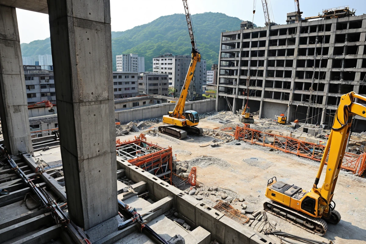 봉천동 주택 철거 현장에서 안전 장비가 철저히 준비된 공사 현장, 구조물의 안정성을 확인하는 장비가 놓여진 모습, 철거 작업 전 단계의 정확한 배경