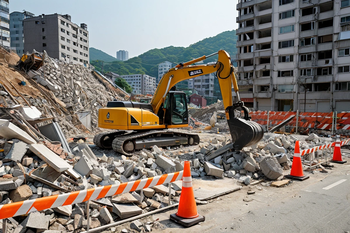 봉천동 주택 철거 현장에서 안전 장비를 착용한 철거 장비가 철거 작업을 진행하는 장면. 철거된 건물의 잔해와 함께 안전 울타리가 설치되어 있으며, 배경으로 봉천동의 도로와 건물들이