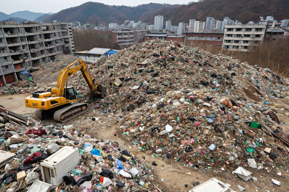 봉천동 주택 철거 현장에서 재료 분류 작업 중인 분리된 재료들, 폐기물 처리 장비와 함께 정리된 쓰레기 무더기