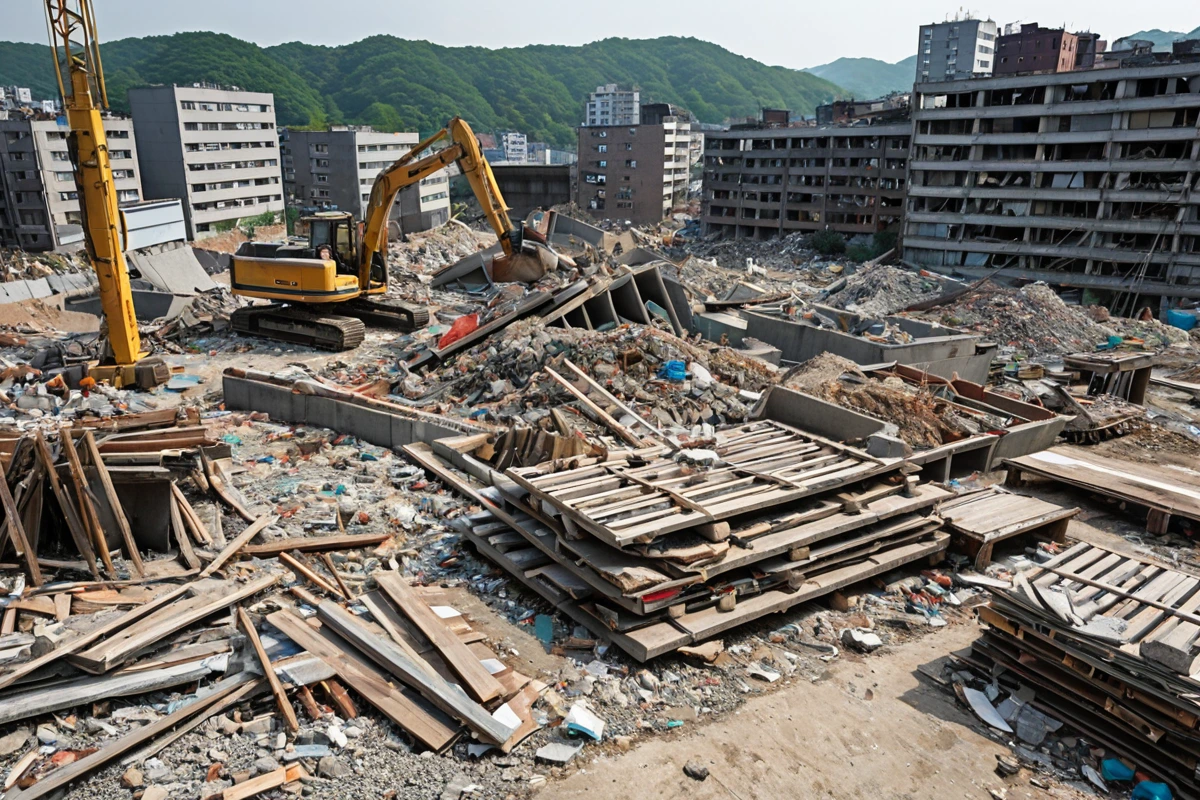 봉천동 주택 철거 현장에서 재사용 가능한 구조물과 재료가 정리된 모습, 철거 과정에서 발생한 재료들이 분리되어 보이는 사실적인 장면