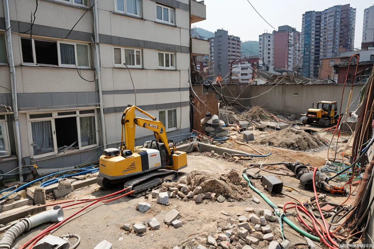 봉천동 주택 철거 현장에서 전기 배선과 가스 시설을 확인하는 철거 장비와 함께 정리된 현장. 철거 전 사전 점검을 위한 전기 및 가스 시설 확인 장면.