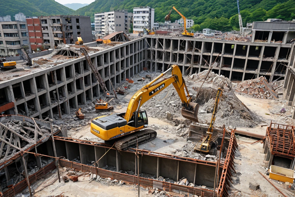봉천동 주택 철거 현장에서 전문가가 구조 점검을 하는 모습을 보여주는 철거 장비와 철거 중인 구조물의 정확한 구조를 보여주는 사진