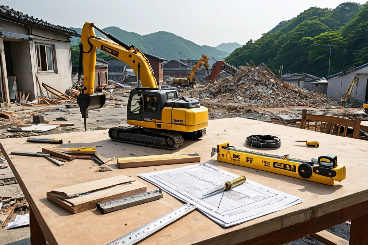 봉천동 주택 철거 현장에서 전문가가 현장 점검을 위해 사용하는 측정 도구와 철거 계획서가 놓인 테이블, 철거 작업의 정확한 산정을 위한 도구와 문서가 자연스럽게 배치된 모습.