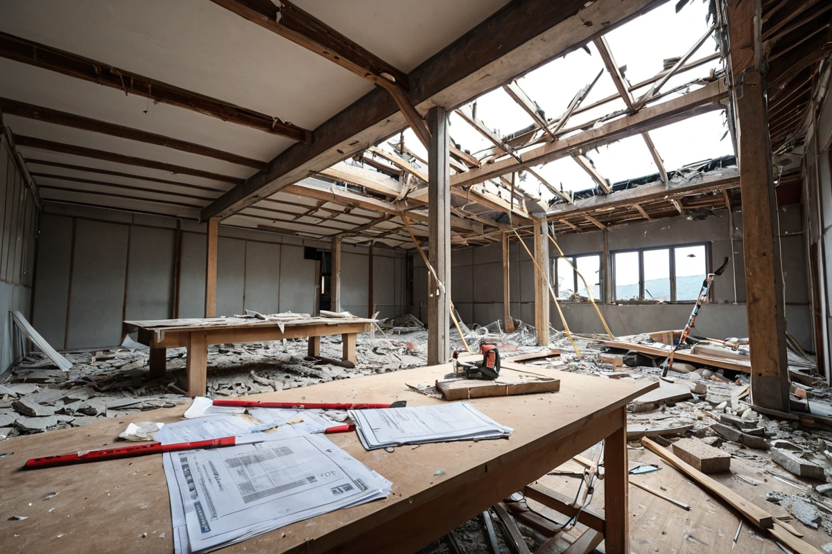 봉천동 주택 철거 현장에서 전문 업체가 철저한 현장 점검을 진행하는 모습. 철거 전 현장의 구조를 분석하는 데 필요한 도구와 문서가 테이블 위에 놓인 촬영 각도.
