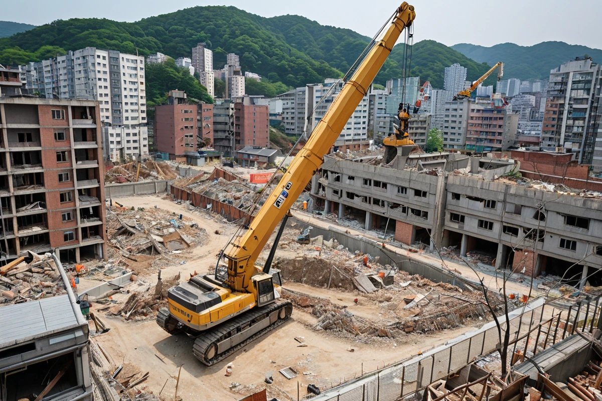 봉천동 주택 철거 현장에서 주변 건물과 보행자 통로가 정확히 보이는 평면도와 함께 철거 작업 중인 크레인과 안전 울타리가 배경으로 보이는 장면. 주변 건물의 구조와 보행자 통로의