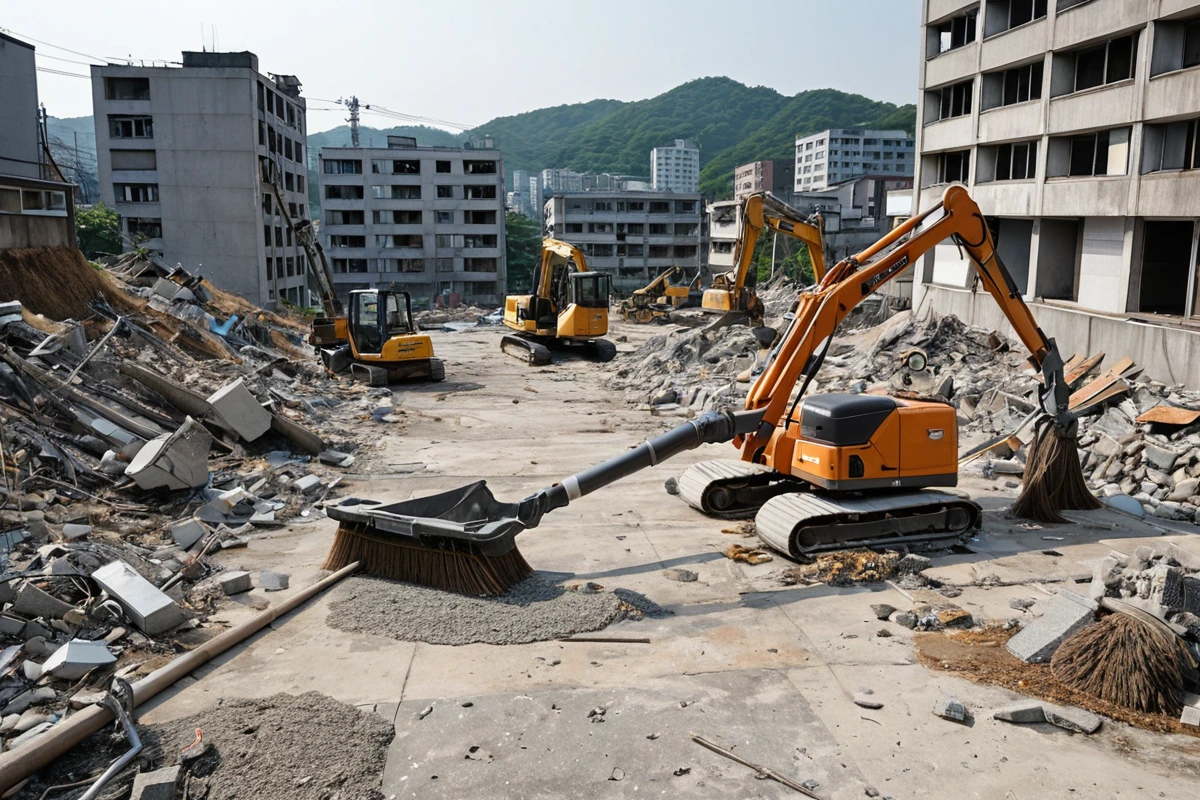 봉천동 주택 철거 현장에서 철거된 건물 잔해와 청소 장비가 정리된 모습. 철거 후 청소 비용을 고려한 청소 장비와 청소 작업 중인 현장의 정확한 구도.