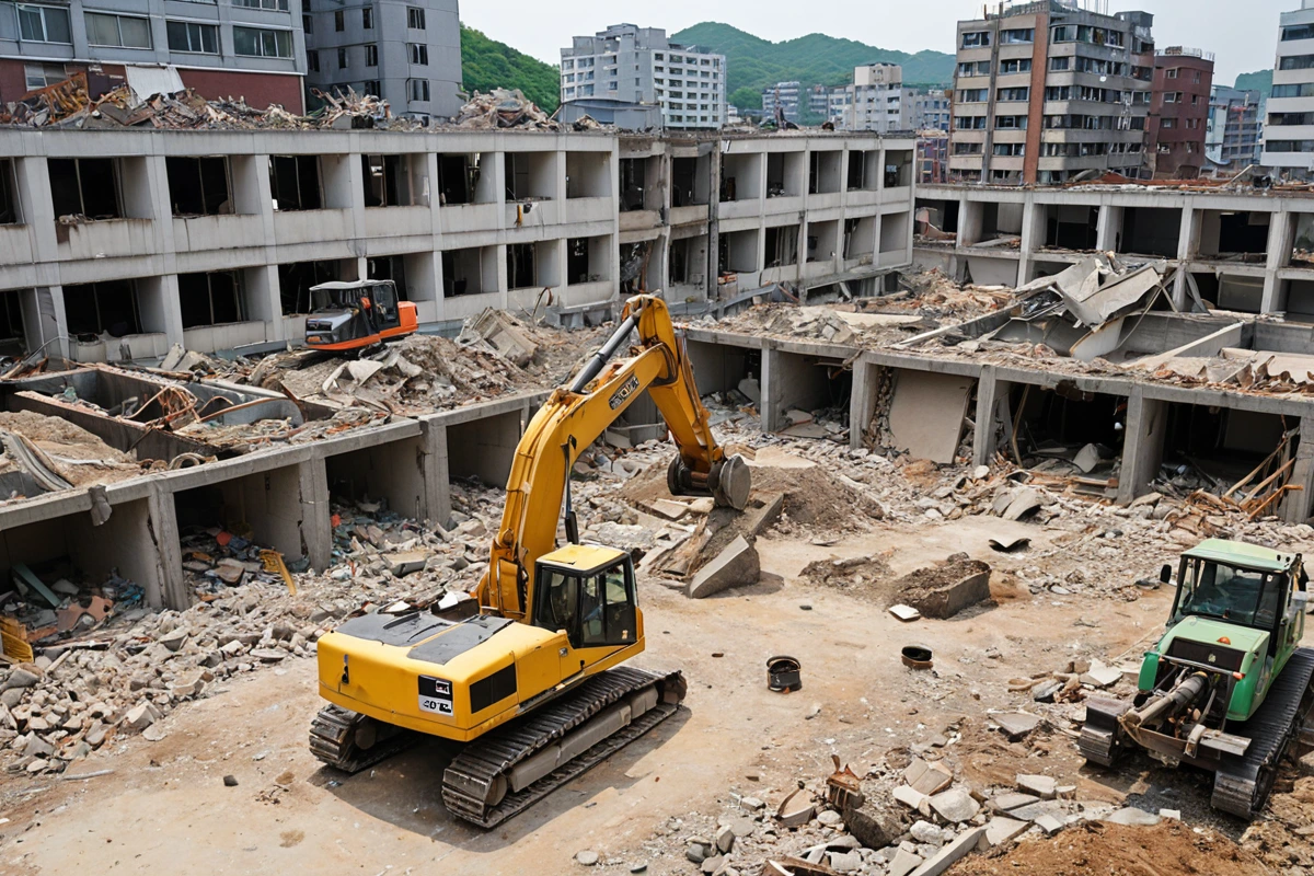 봉천동 주택 철거 현장에서 철거 범위와 방법에 따라 비용이 달라지는 것을 보여주는 비교 사진. 철거 중인 구조물과 철거 방법을 구분하는 표시물이 없이 자연스럽게 포착된 철거 작업