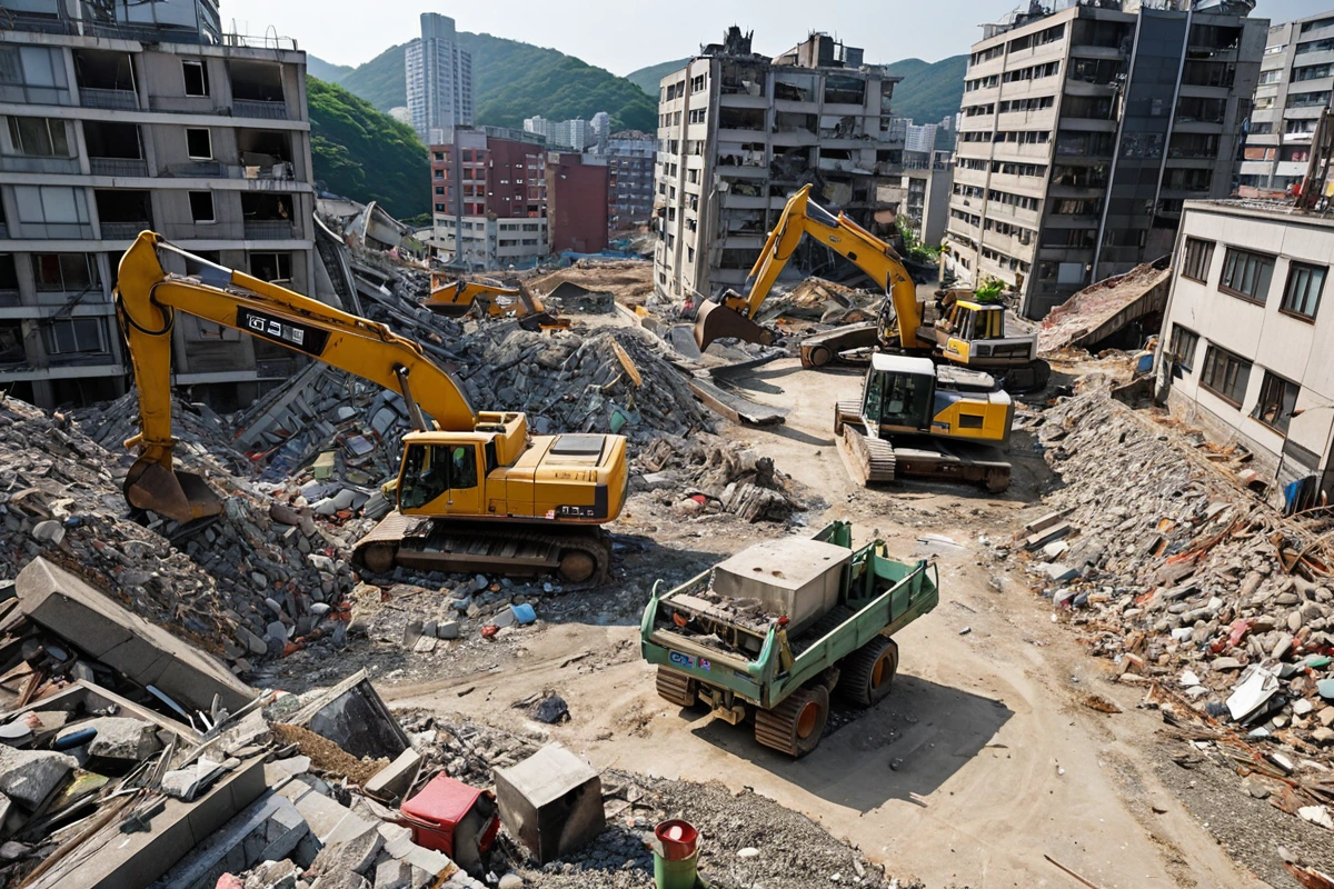 봉천동 주택 철거 현장에서 철거 비용 산정을 위한 정확한 현장 점검을 진행하는 모습. 건물 구조와 폐기물 처리 방법을 확인하는 철거 장비와 공간의 구조적 특징이 드러난 장면.