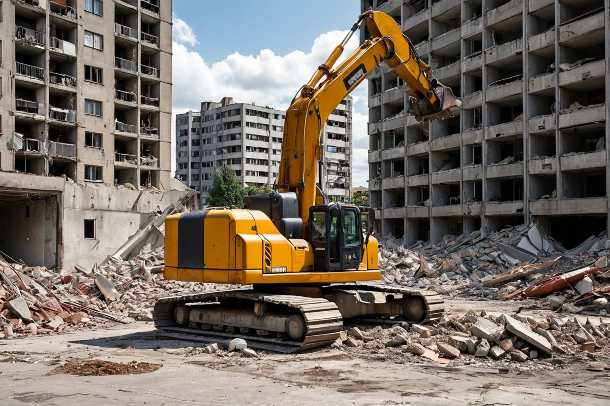 봉천동 주택 철거 현장에서 철거 업체의 장비가 정리된 모습. 철거 장비가 깔끔하게 배치되고, 주변 건물과의 거리가 적절히 보이는 철거 현장의 전경.