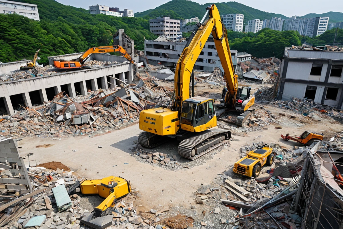봉천동 주택 철거 현장에서, 철거 작업을 위한 전문 장비와 안전 장비가 준비된 모습. 철거 장비와 철거 현장의 구조물이 조화롭게 배치된 사실적인 장면.