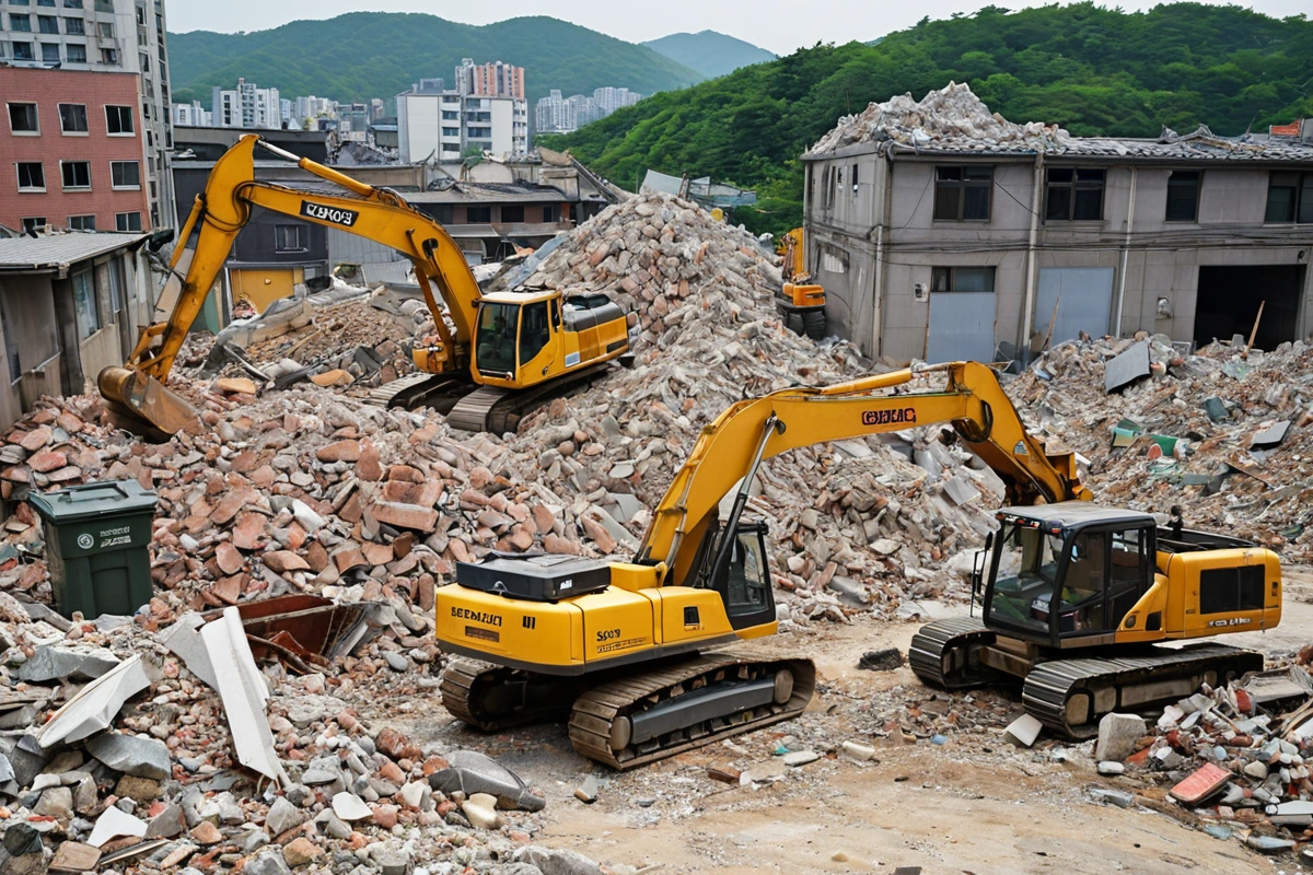 봉천동 주택 철거 현장에서 철거 작업 중인 장비가 철거된 건축 자재와 함께 정리된 모습. 철거물 처리를 위한 컨테이너와 철거된 구조물의 잔해가 자연스럽게 배치된 장면.