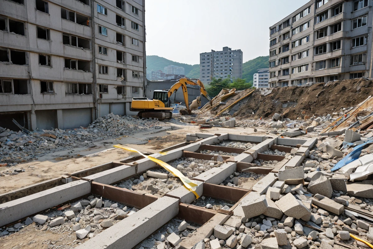 봉천동 주택 철거 현장에서 철거 전 현장 점검을 진행하는 장면, 건물 구조와 주변 환경을 정확히 파악하기 위해 측정 도구가 사용된 철거 현장의 세부 구조를 보여주는 사진.